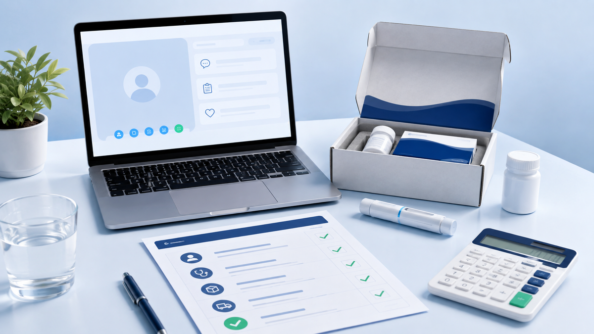 Online GLP-1 program cost comparison with a telehealth laptop, medication delivery box, checklist and calculator.
