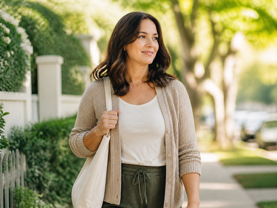 Woman walking outdoors as part of a healthy, supported weight loss routine